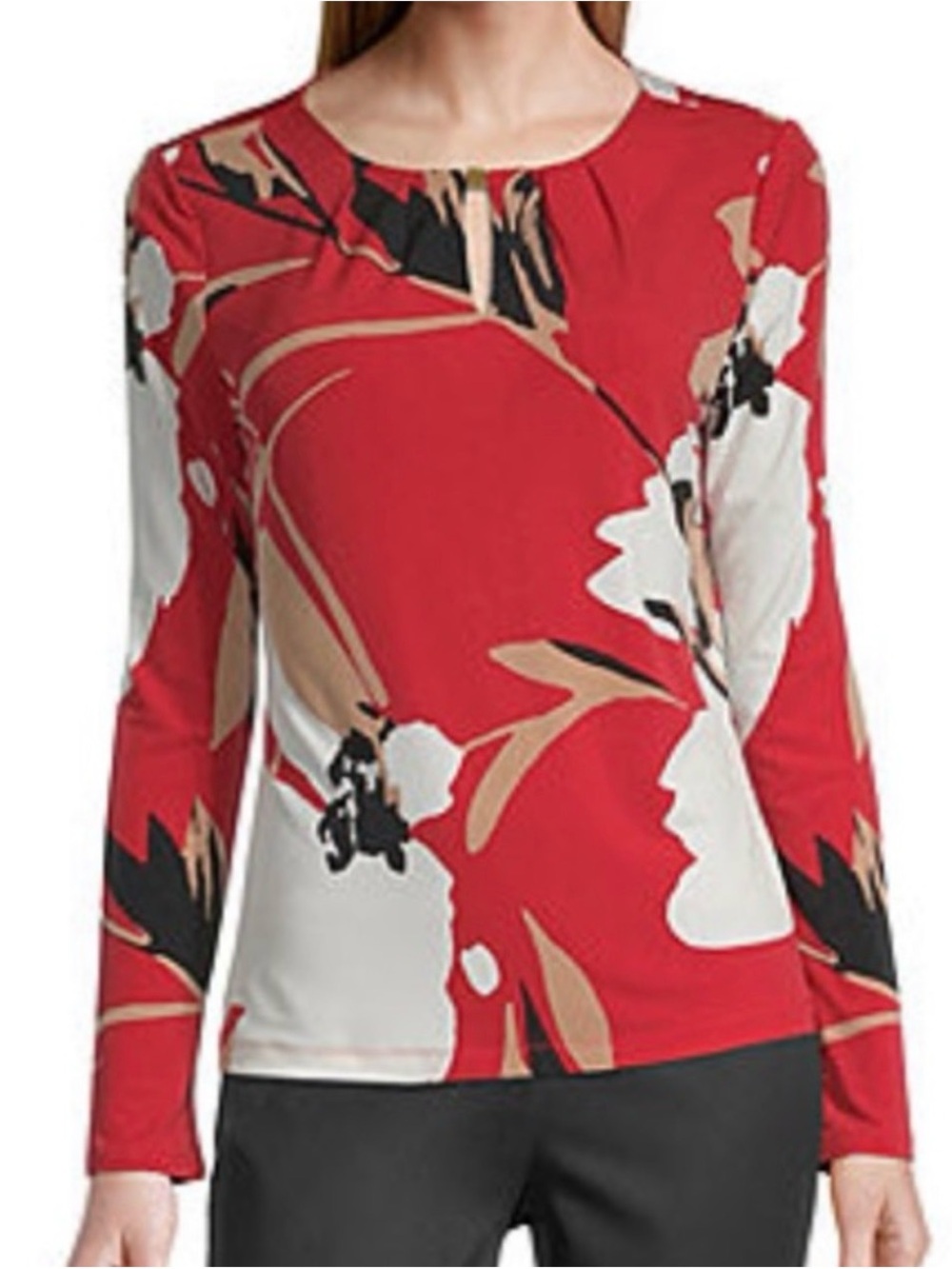 Liz Claiborne Red Floral Print Long Sleeve Blouse